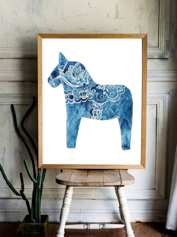 Dala Horse Watercolor Painting Print for wholesale by Goodfairyart