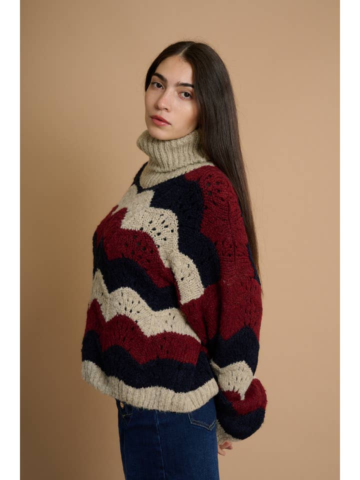 AMELÉ - Wholesale Knit Sweater - Women's - Multicolored zigzag chunky knit turtleneck sweater3