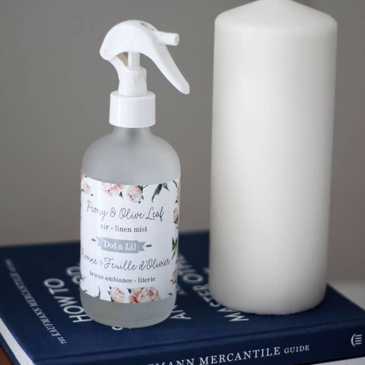 Peony & Olive Leaf linen + air mist for wholesale by Dot & Lil