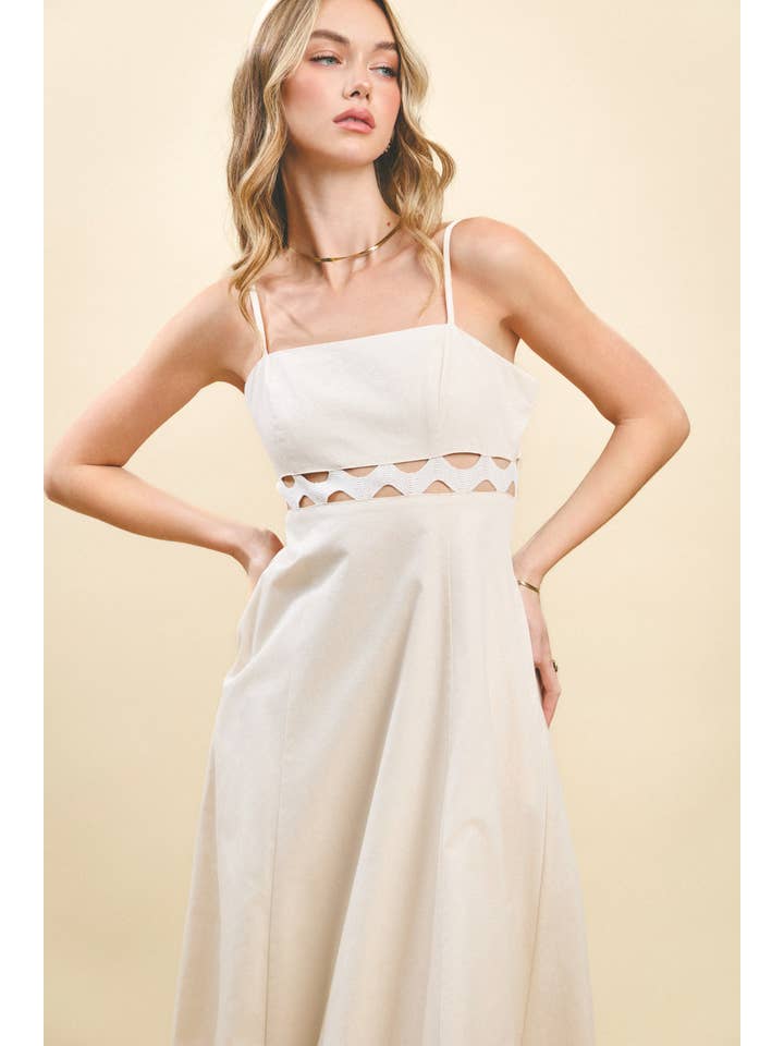 Ivory CD05618-Square Neckline Ric Rac Detail Midi Dress for wholesale on Faire