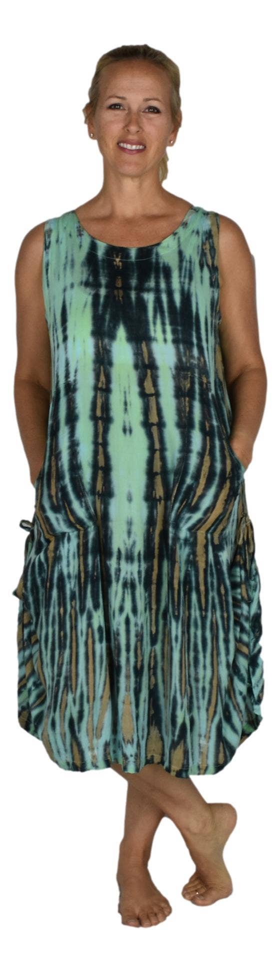 Island Style Clothing Co by Akamai Distribution Ltd - Wholesale Dress - Women's - Antigua Dress Tye Dye Green, w Pockets, Tie Hem Resort Dress1