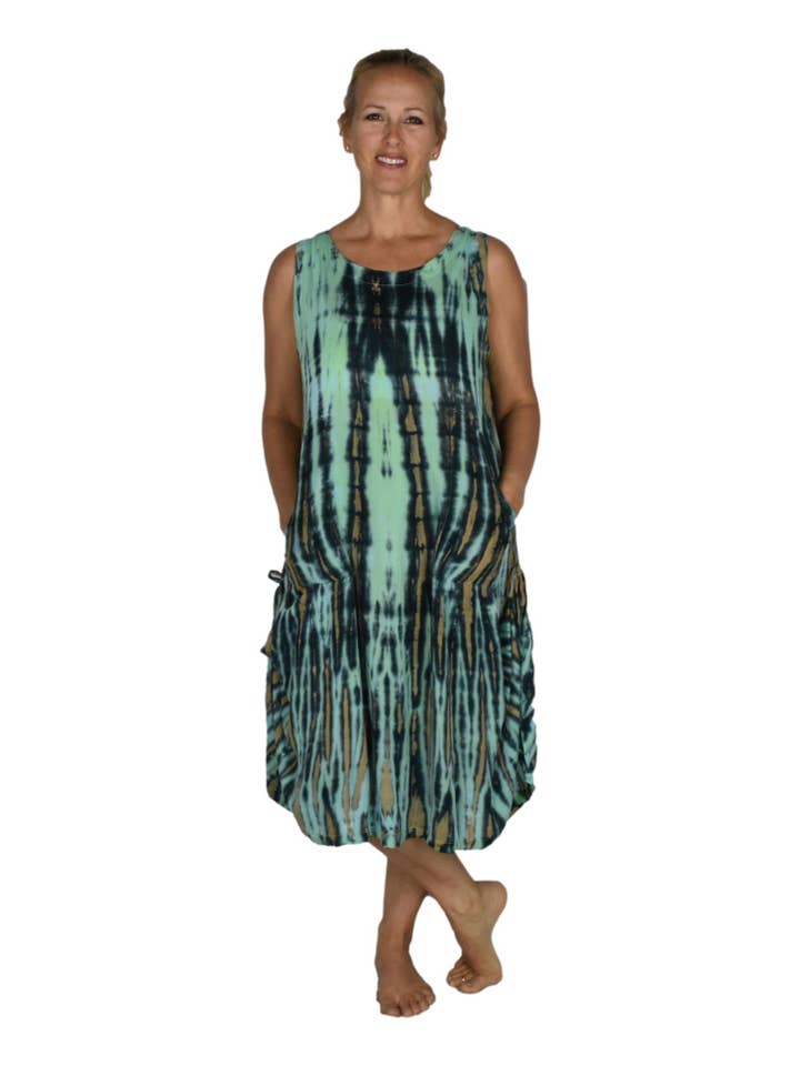 Island Style Clothing Co by Akamai Distribution Ltd - Wholesale Dress - Women's - Antigua Dress Tye Dye Green, w Pockets, Tie Hem Resort Dress1