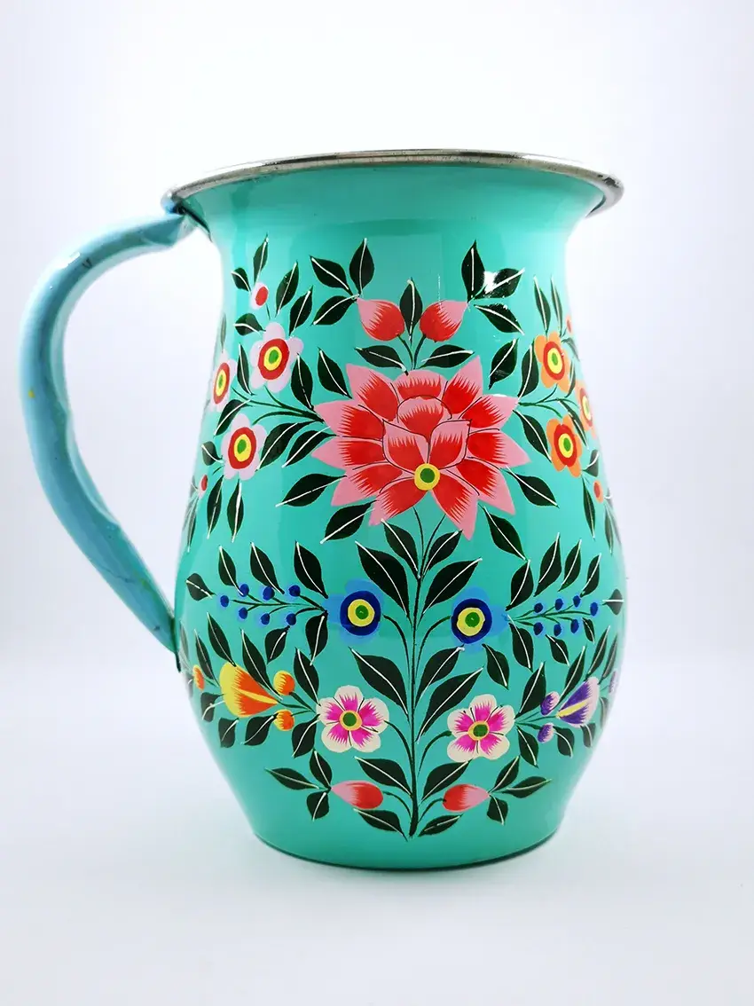 Nayda Diaries - Wholesale Carafe - Indian enamel carafe with turquoise blue flower pattern1