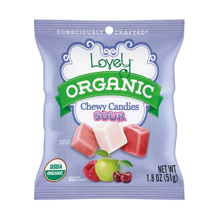 Organic Sour Chewy Candies 1.8oz Single Serve Bags - 24 Pack for wholesale by Lovely Candy Company