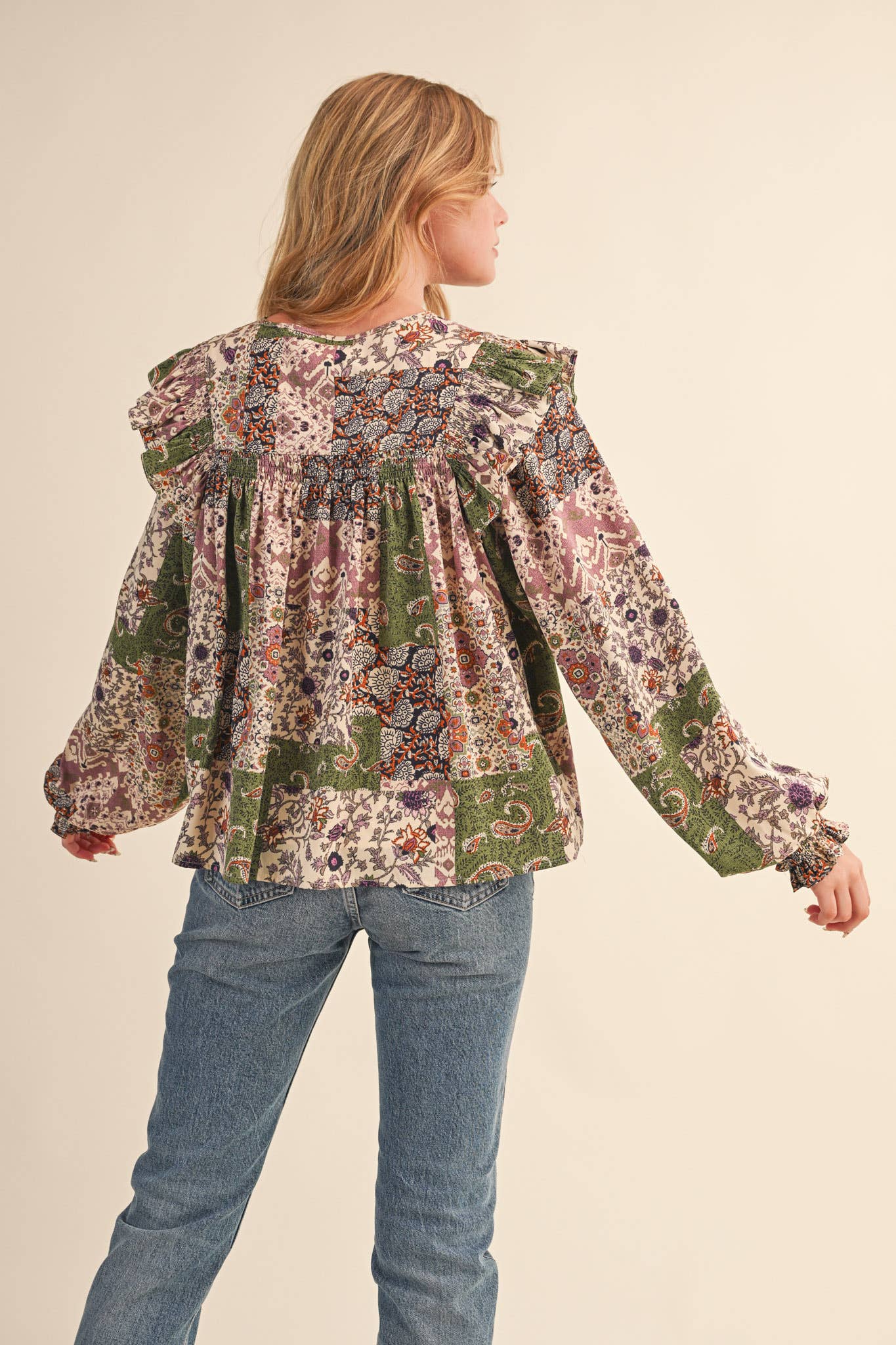 &MERCI - Wholesale Blouse - Women's - PATCHWORK PRINT SMOCKED RUFFLE BLOUSE MTP43506