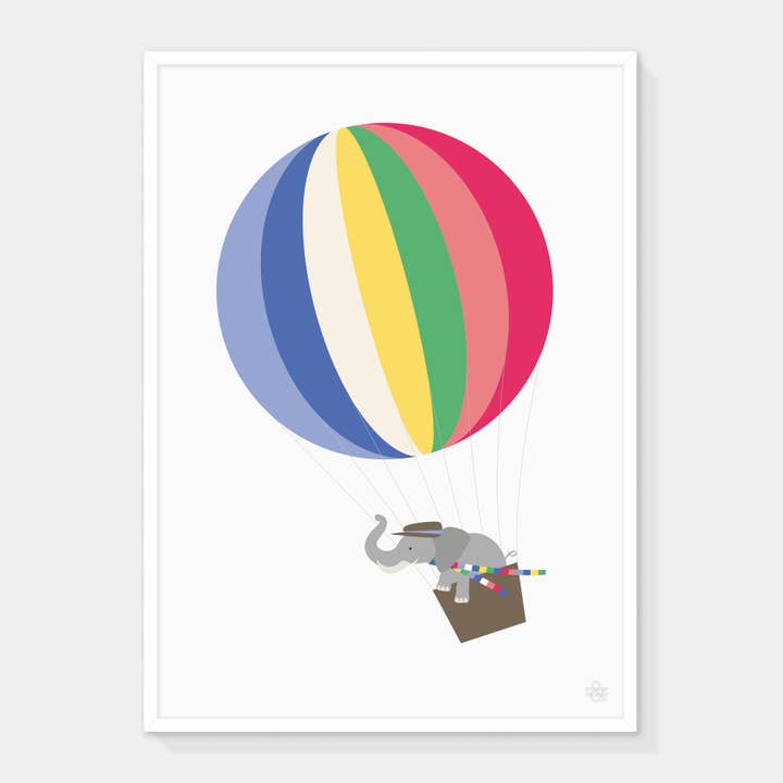 Mr Elephant in Hot Air Balloon Art Print for wholesale by Showler and Showler