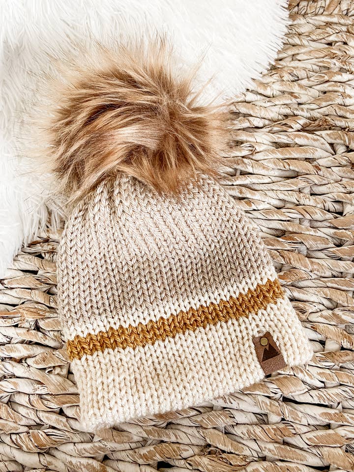 Cream & Mustard Striped Toddler Knit Toque with Pom Pom for wholesale by Wild Rose Designs