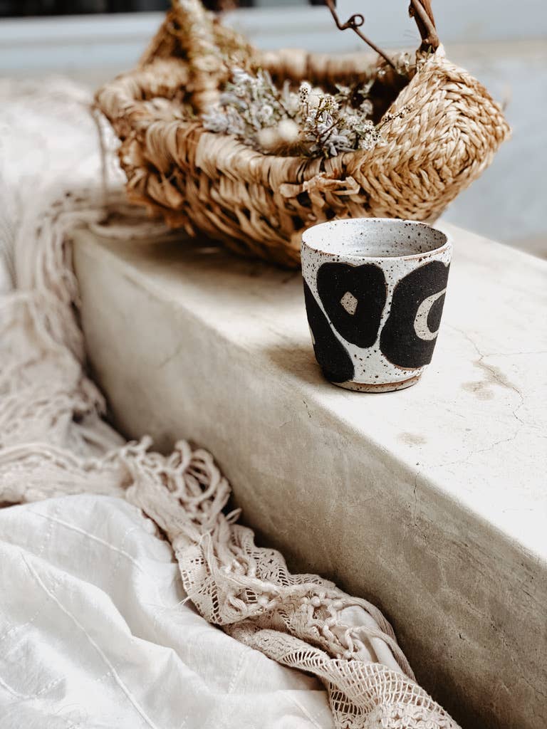 River Ceramics - Wholesale Coffee/tea cup - 'Hana' Cup - Handmade Stackable Cup with Black Flower Motif4