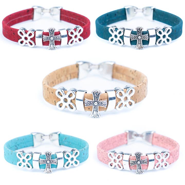 10 mm flad, farverig korksnor med hjerte, håndlavet armbånd DBR-043-MIX-5 for engroshandel hos Meninas Bonitas Cork