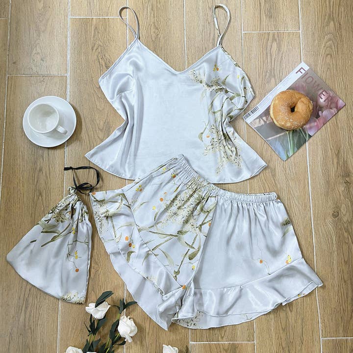 Funkyrel® Atzbranding Limited - Wholesale Sleepwear Set - Women's - Cherry Blossom Pattern Faux Silk Pajama Set (2-Piece)