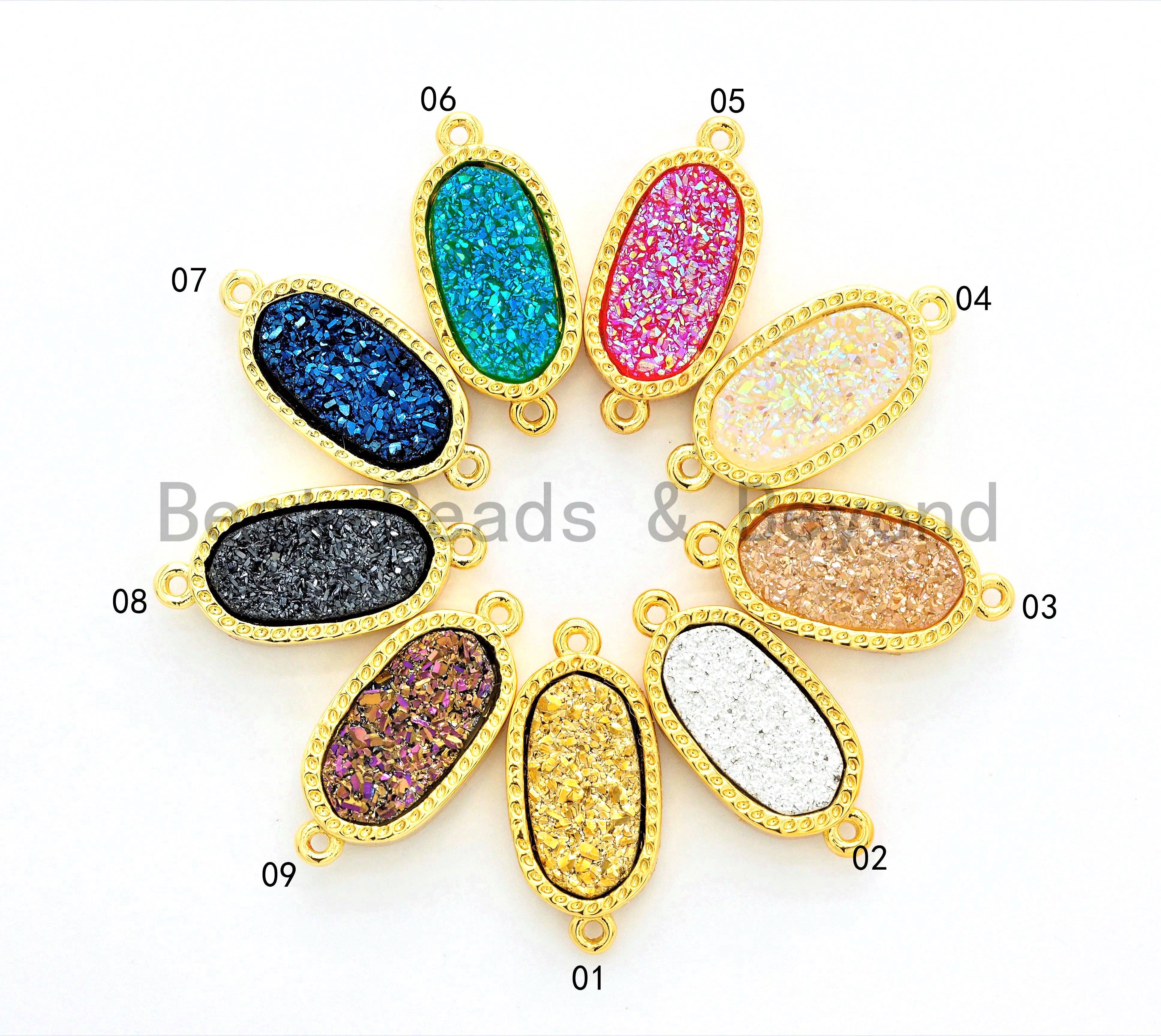 BestBeads&Beyond – wholesale Individual charm/pendant – Mystic Druzy Drusy Oval Connector Beads, Bezel Druzy Charm, Gold/Silver finish,Gold/Black/White Opal/ Cobalt Blue,9x20mm,SKU#V26