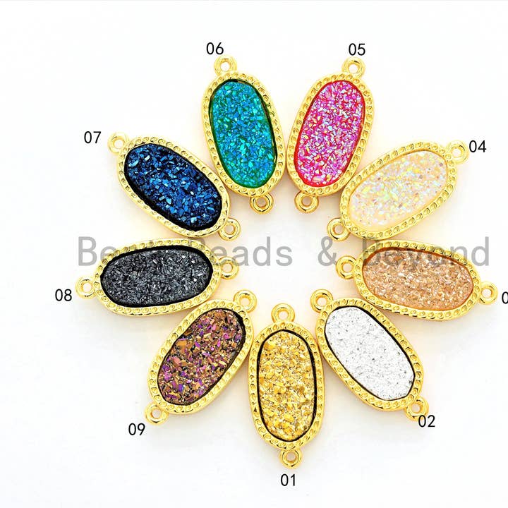 BestBeads&Beyond – wholesale Individual charm/pendant – Mystic Druzy Drusy Oval Connector Beads, Bezel Druzy Charm, Gold/Silver finish,Gold/Black/White Opal/ Cobalt Blue,9x20mm,SKU#V260