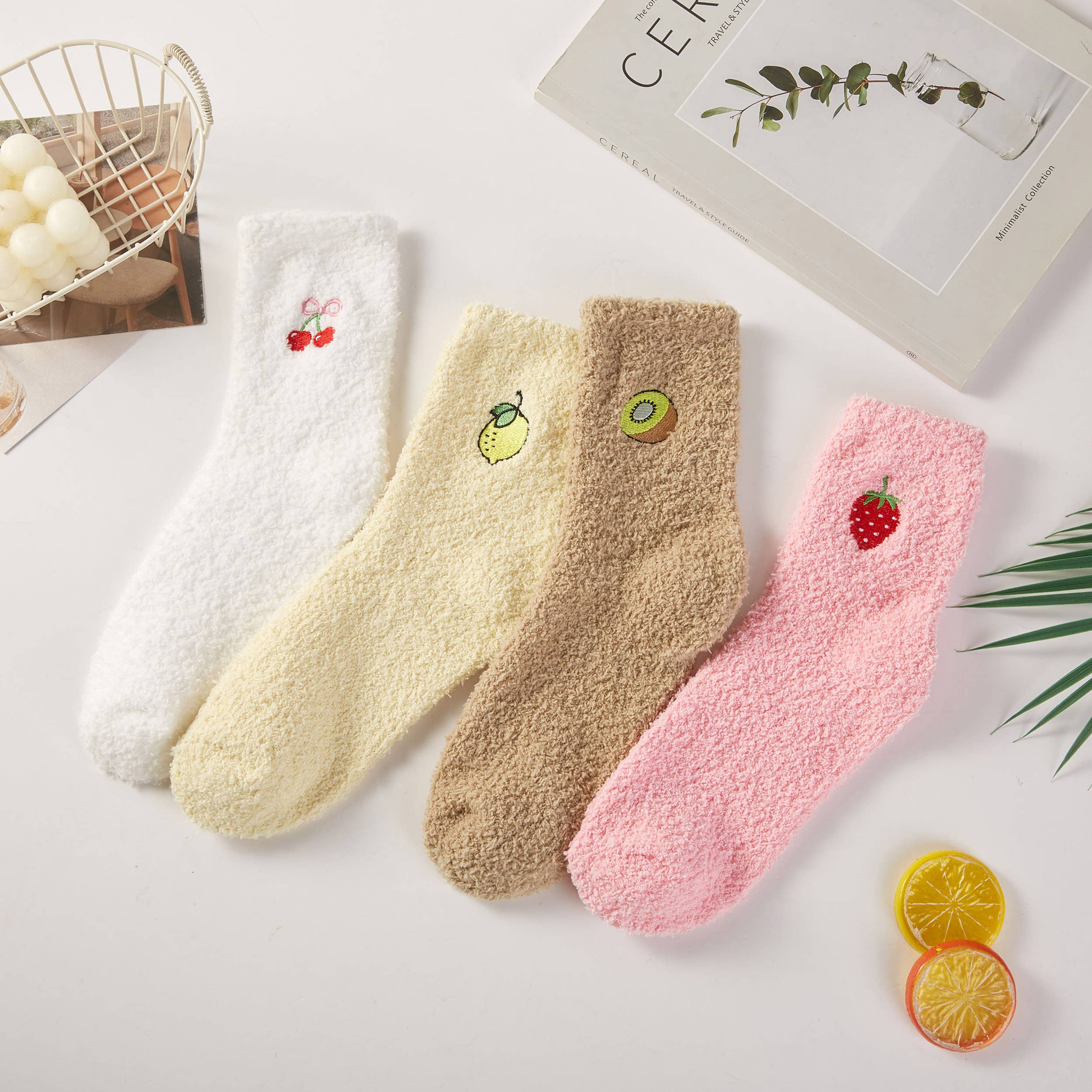Hana – wholesale Socks – Women's – Fruit Point Embroidery Solid Fuzzy Sleep Socks0