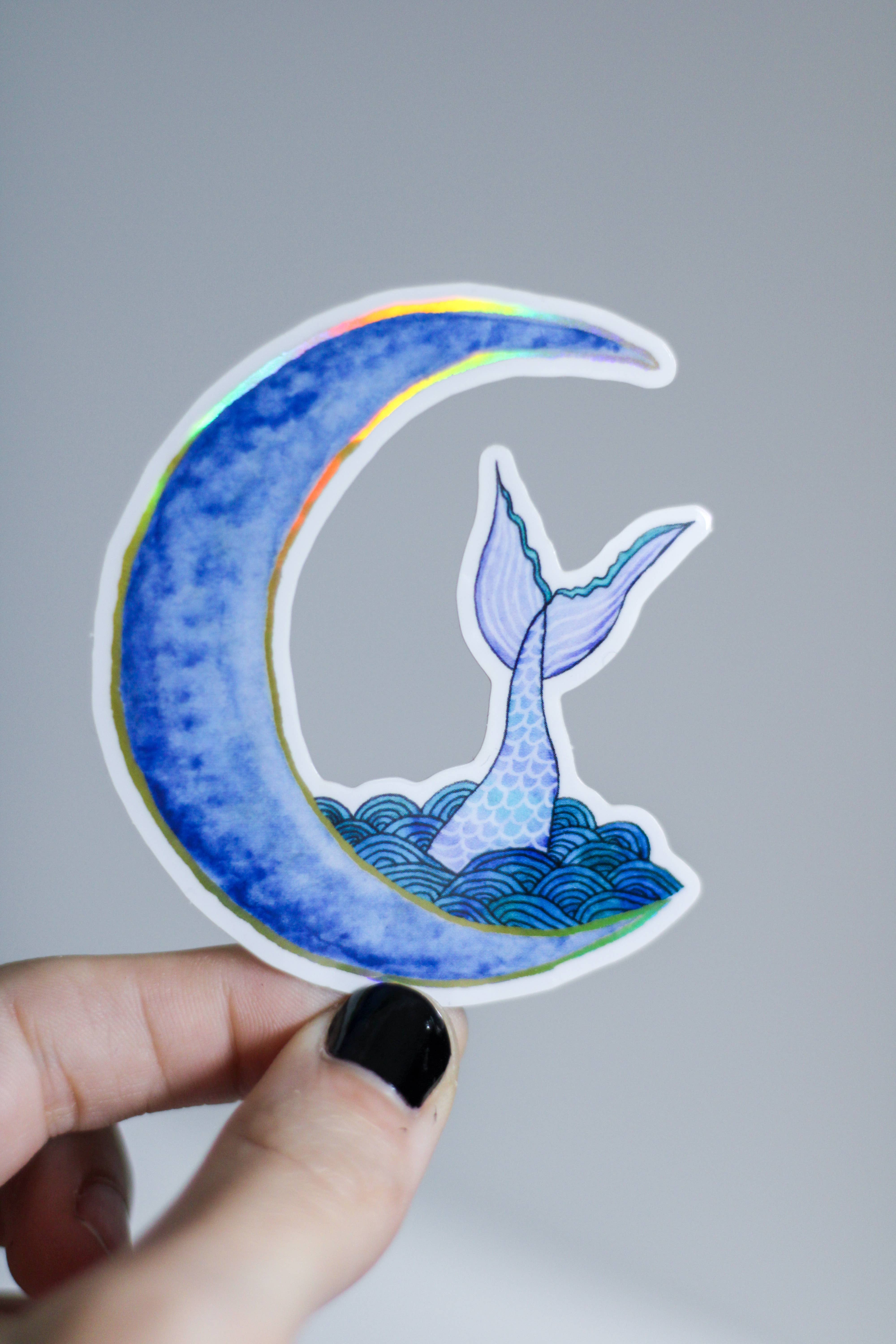 Mermaid Moon | Holographic Watercolor Sticker for wholesale by Scribbles and Doodlez