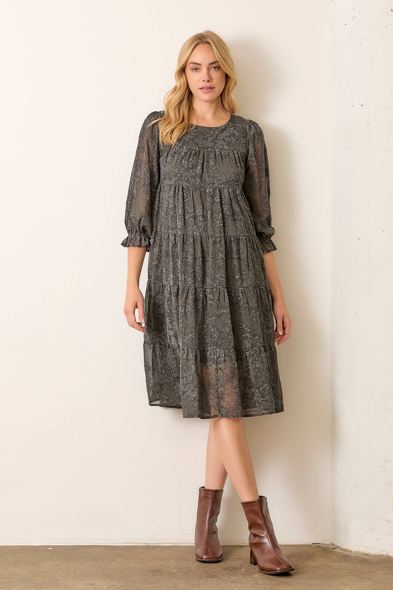 CHARCOAL PRINTED TEXTURED FLORAL ROUND NECK TIERED DRESS for wholesale on Faire1