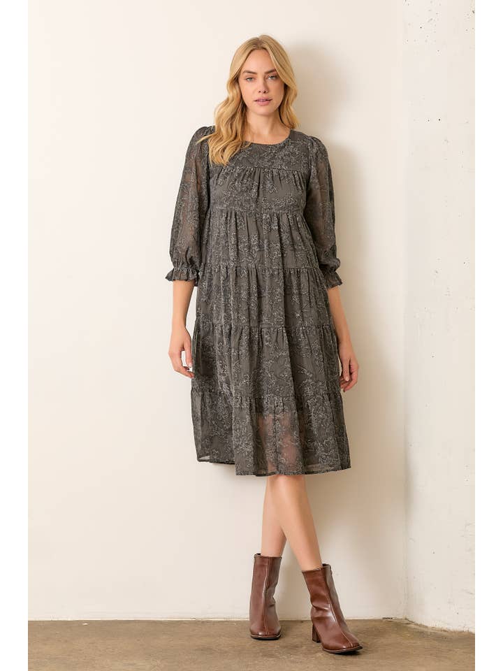 CHARCOAL PRINTED TEXTURED FLORAL ROUND NECK TIERED DRESS for wholesale on Faire1
