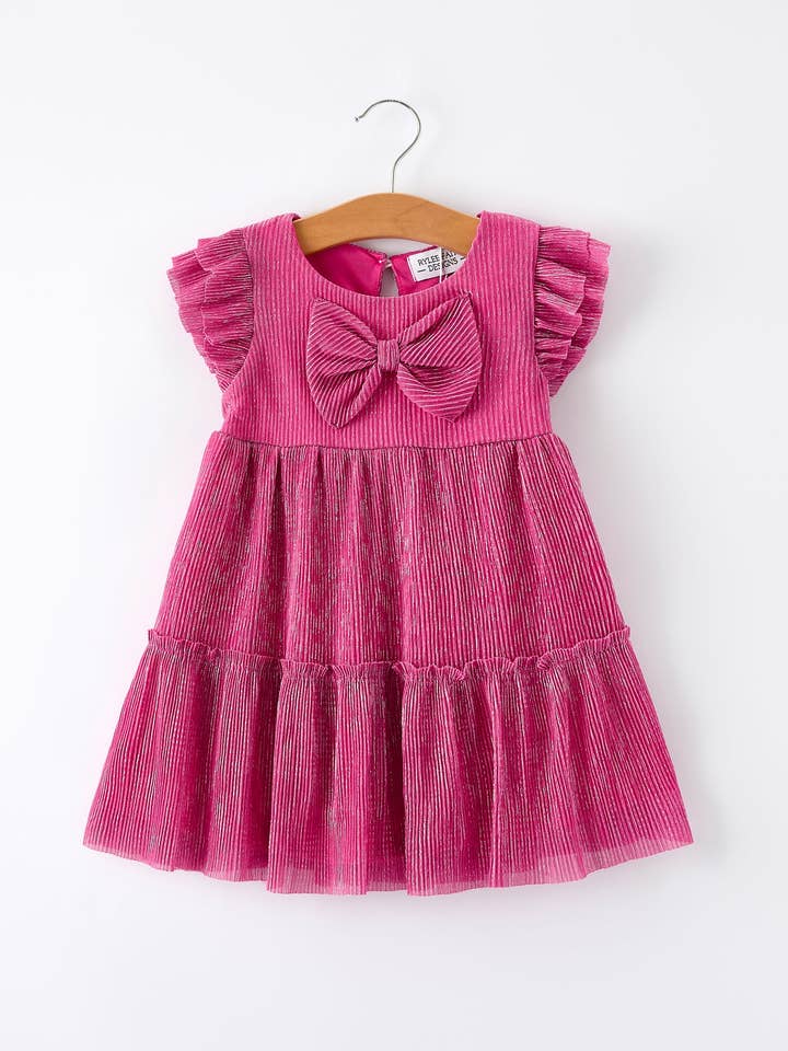 Girls Pink Bow Print Short Sleeve Dress for wholesale by Rylee Faith Designs