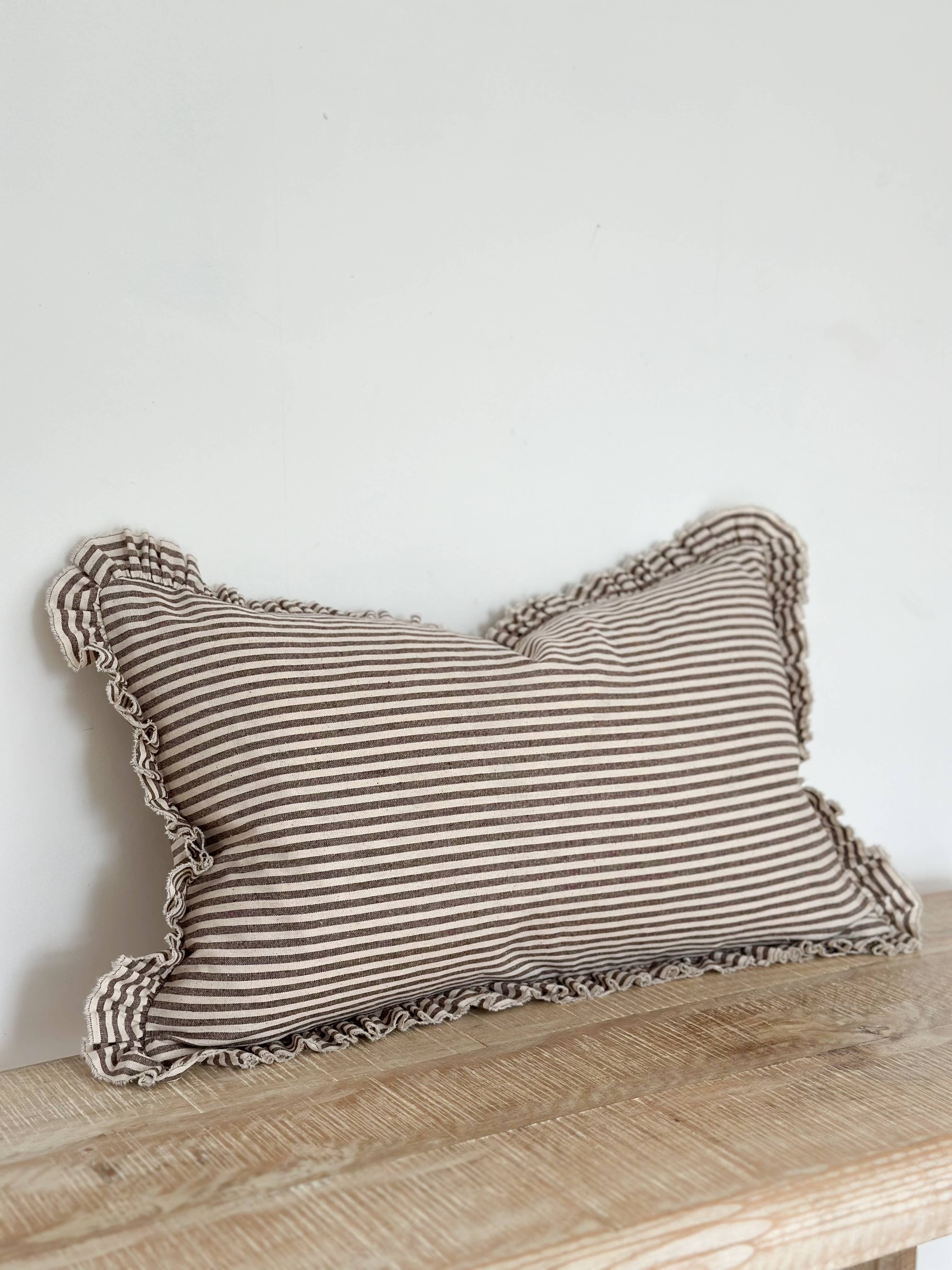 Ellenvale Trade - Wholesale Chair Cushion - Darcy  Ruffle Cotton Cushion Cover 50x30 – Dark Brown Stripe2