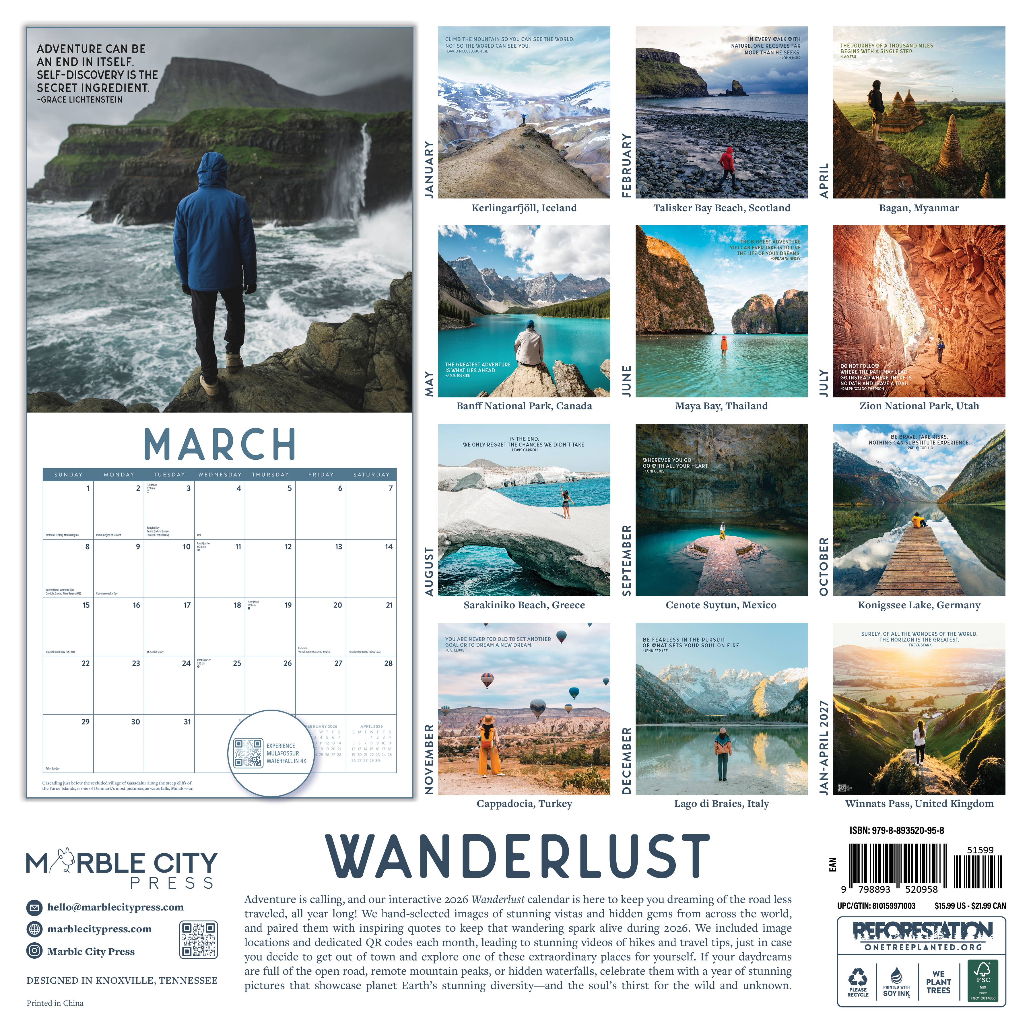 Marble City Press - Wholesale Calendar - Wanderlust 2026 Wall Calendar Marble City Press1