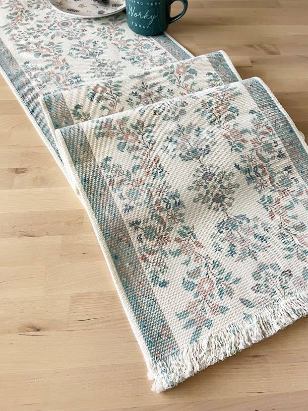 Fennco Styles - Wholesale Table Runner - Green Botanical Flower Fringed Cotton Blend Table Runner0