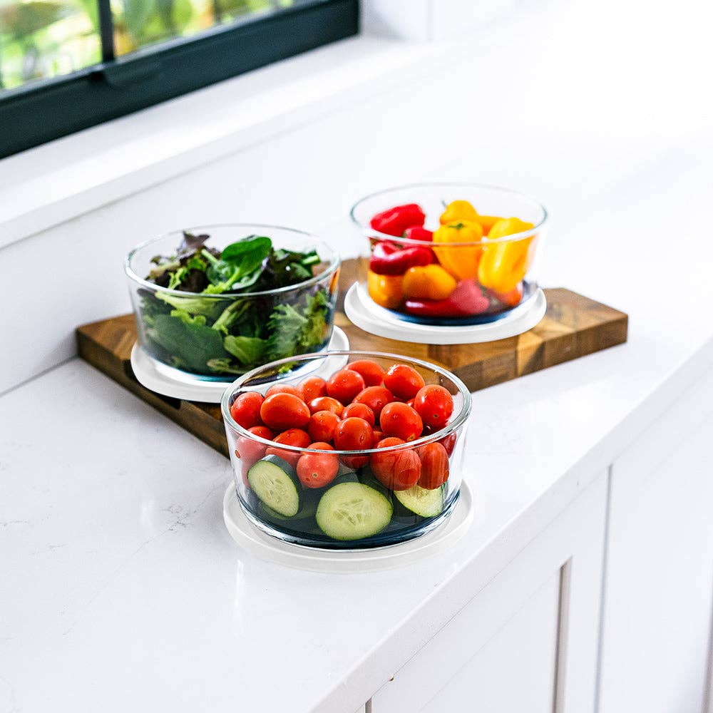 Dura Living LLC - Wholesale Food Storage Container - 12 Piece (4 Cup / 32oz) Round Glass Food Storage Container Set (6 Containers + 6 Lids) with Bonus Lids6