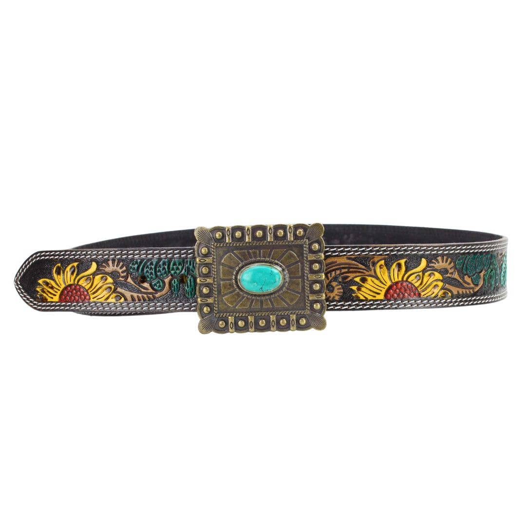 Leather Impressions Inc - Wholesale Belt - Women's - Sunflower Tooled Belt w/ Contrast Stitch ABBWST 384