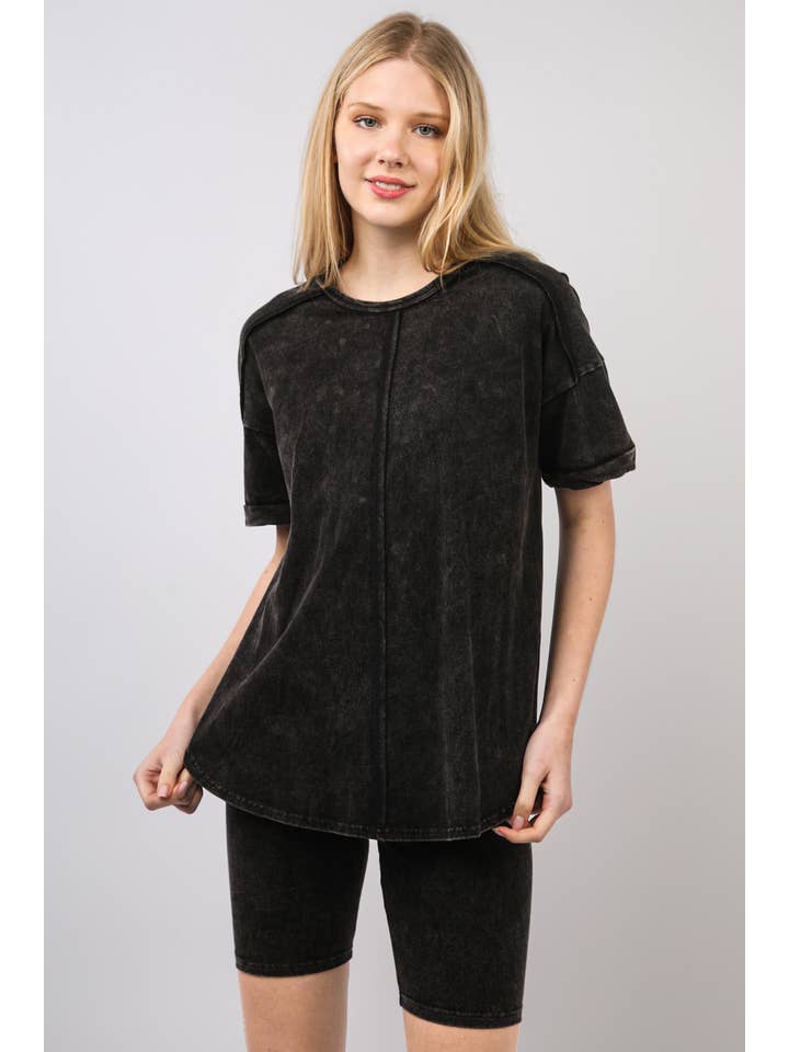 VERY J - Wholesale Activewear Set - Women's - NT11590SET-Washed Stretchy Knit Activewear Top & Shorts