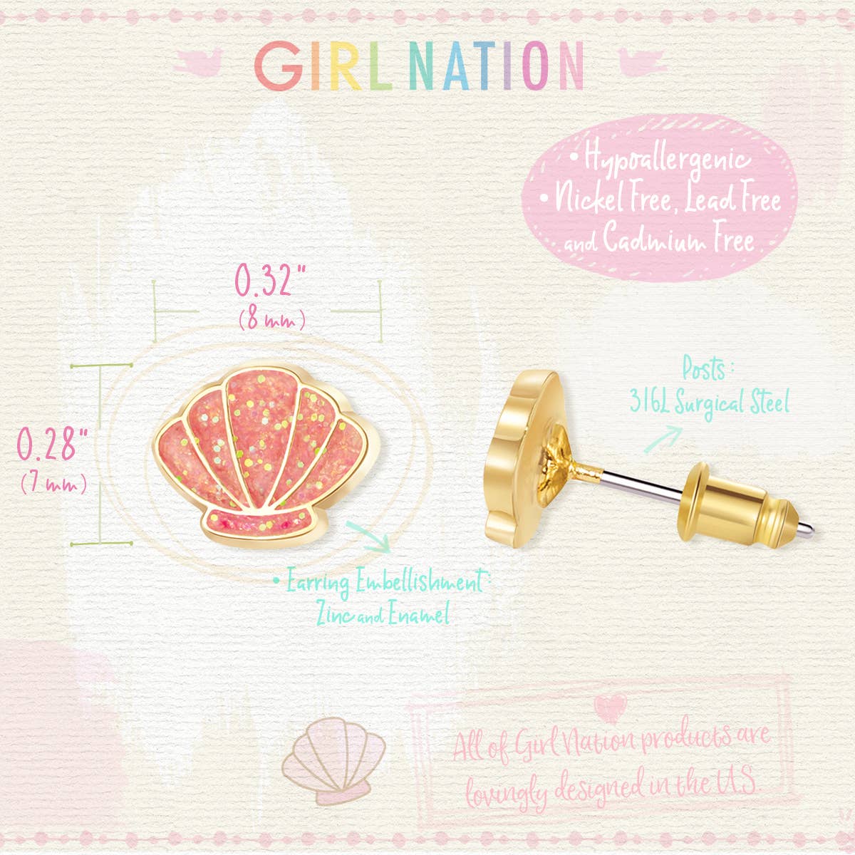 Girl Nation - Wholesale Oorbellen - Kinderen - Shell-abrate Schattige Stud Oorbellen3