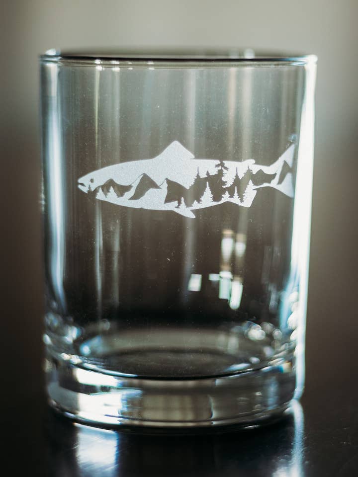 Etched Whiskey Glass, 14 oz Rocks Glass for wholesale by Lester Lou’s Designs