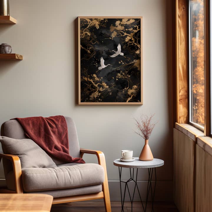IuliiaArtPrints - Wholesale Art Print - Wabi Sabi Japanese Bird Art, Pair of Cranes with Gold Accent4