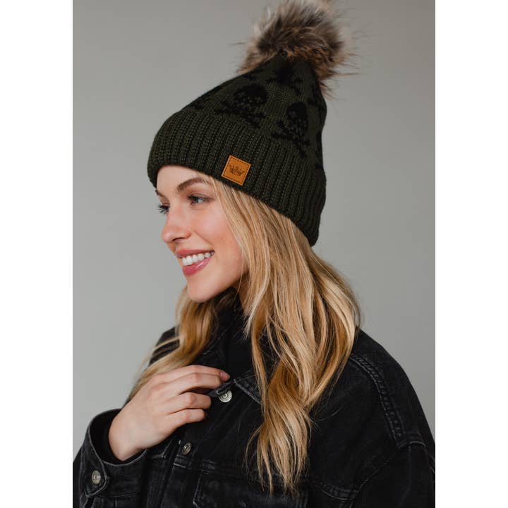 Panache Apparel Co. – wholesale Beanie – Women's – Olive Skull Pattern Pom Hat1