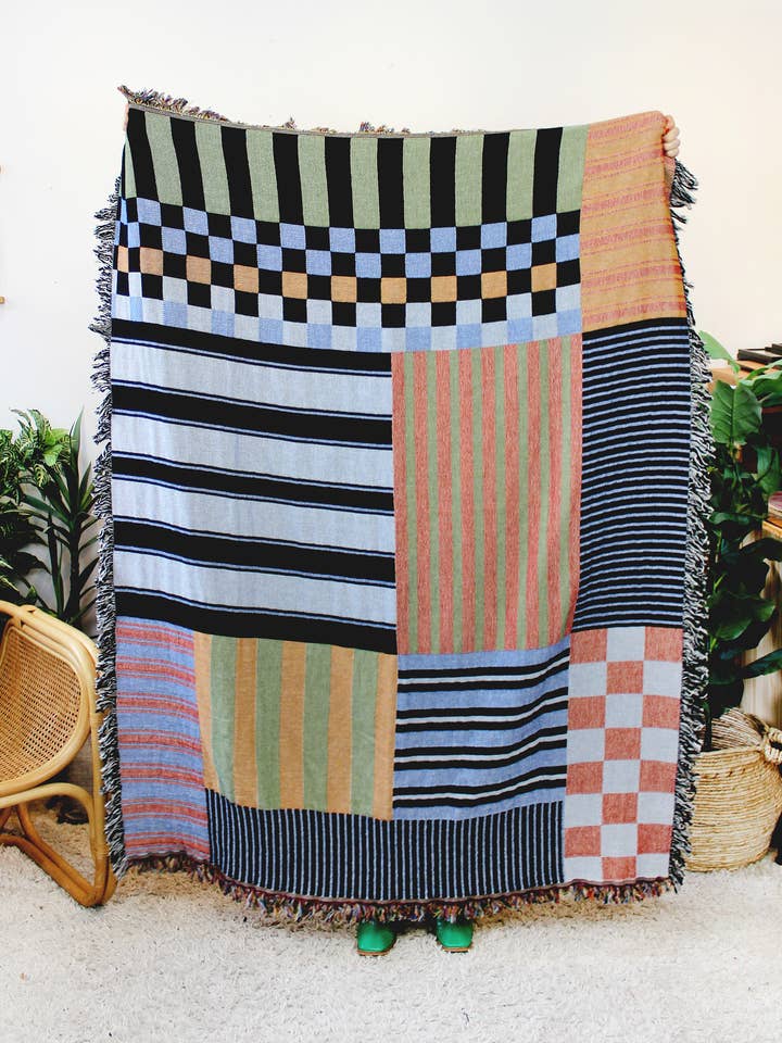 Chex Mix Checkerboard Stripe Patchwork Tapestry Blanket for wholesale by Calhoun & Co.