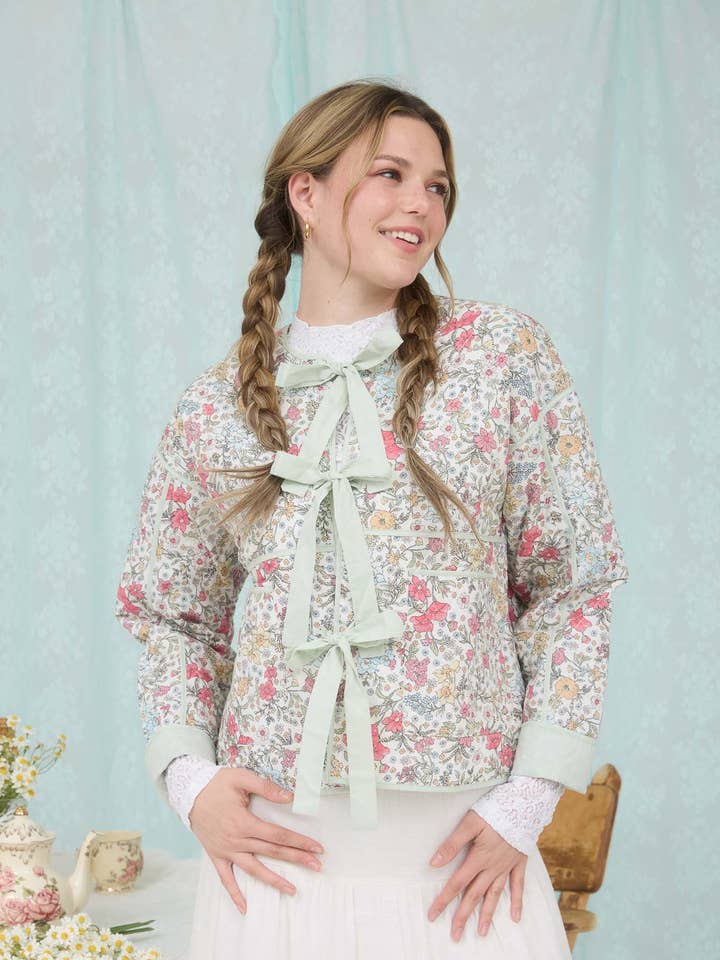 FLORAL FRONT TIE QUILTED JACKET for wholesale by Blu Pepper