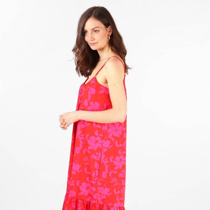 Tropical Floral Print Midi Tiered Slip Dress in Red Pink for wholesale by Sarta