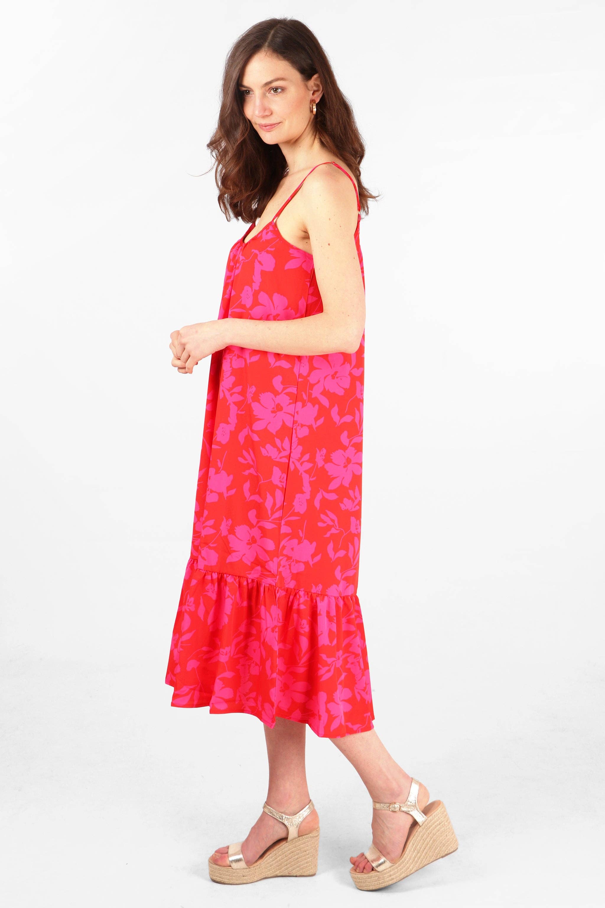 Sarta - Wholesale Dress - Women's - Tropical Floral Print Midi Tiered Slip Dress in Red Pink