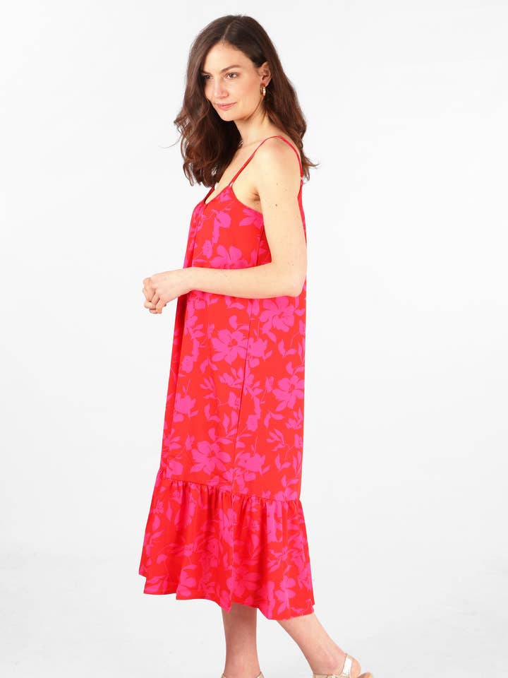 Sarta - Wholesale Dress - Women's - Tropical Floral Print Midi Tiered Slip Dress in Red Pink0