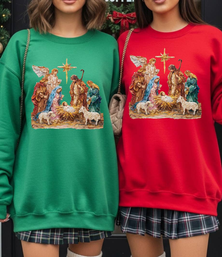 Posh Magnolia Boutique – Engroshandel Grafisk Sweatshirt - Dame – Julekrybbens Kvinders Juletrøje, Religiøs T-shirt2