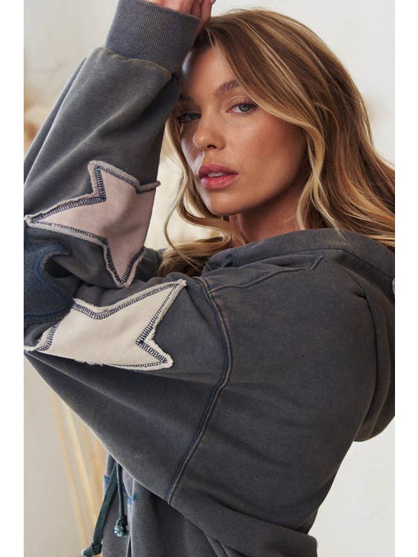 JADE BY JANE - Wholesale Hoodie - Women's - MINERAL WASHED LONG SLEEVE STAR PATCHED HOODIE10