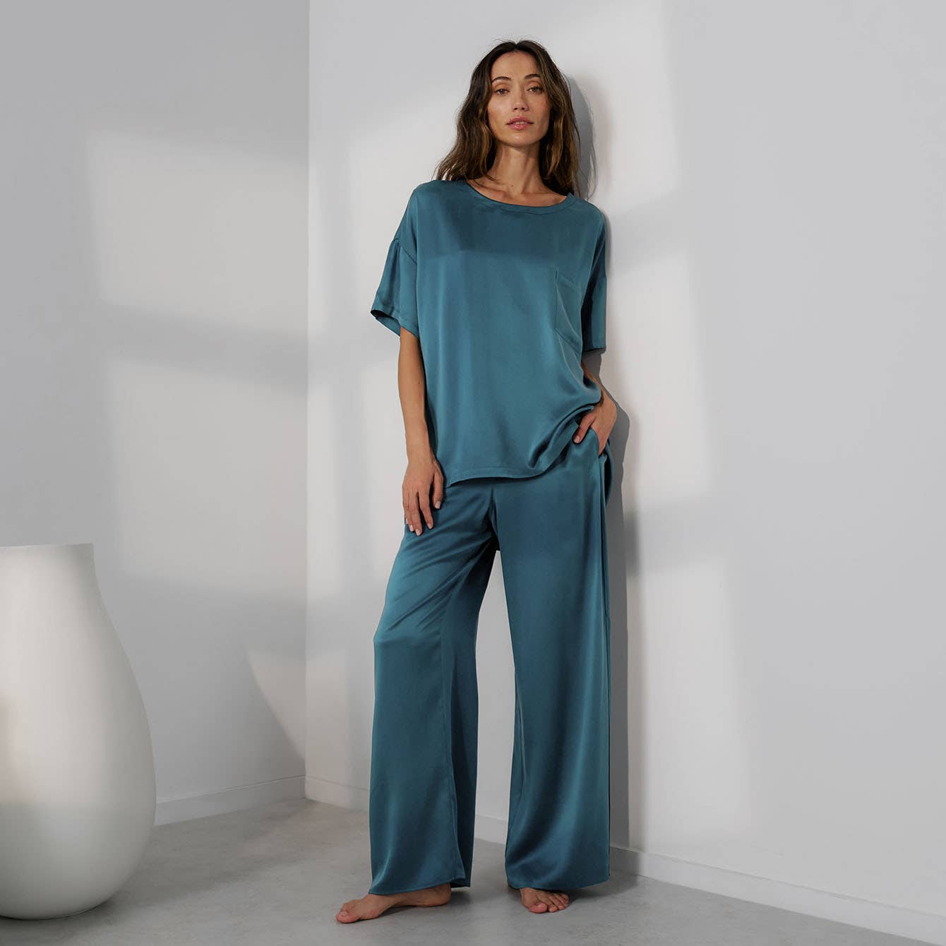 Pikant Teal Vaskbar Silke Tee Pant Set for engroshandel på Faire0