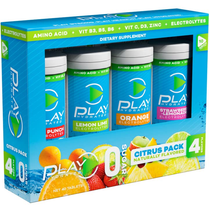 PLAY HYDRATED - Wholesale Powdered health drink - SAMPLE PACK 4 Flavors Electrolytes Hydration 40 Tablets