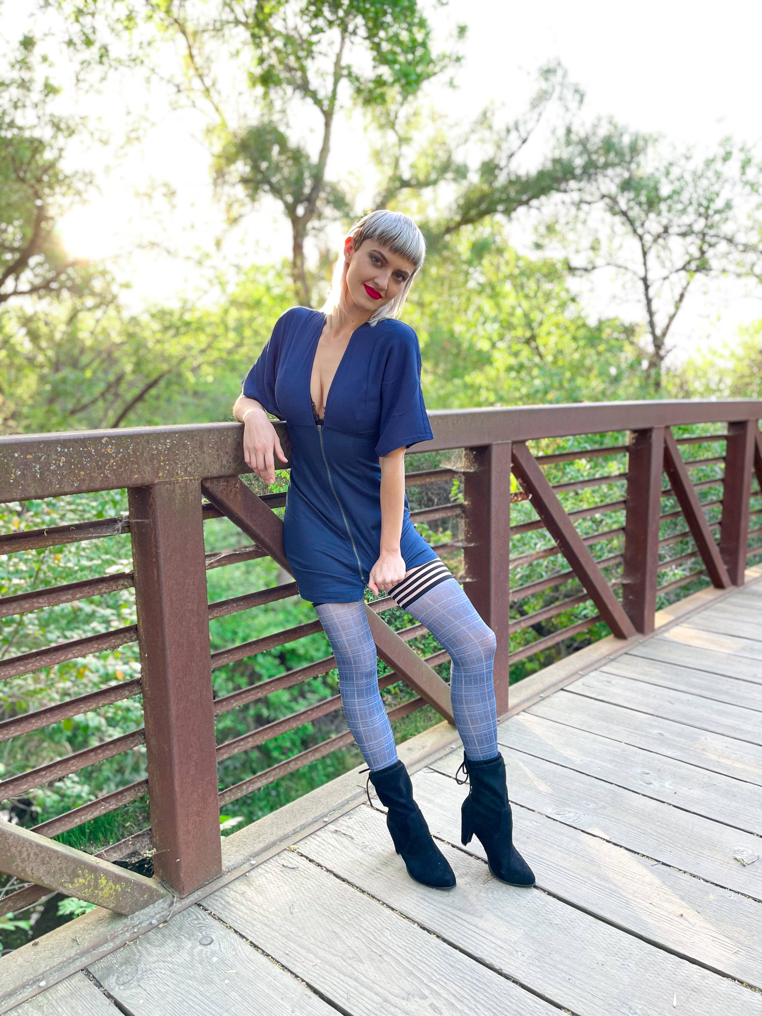 Kix'ies - Wholesale Stockings - Women's - Hosiery- Debbie Semi-Opaque Blue Plaid Thigh-Highs Stockings8