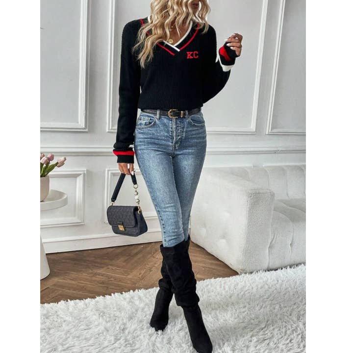 Elby Designs Apparel - Wholesale Knit Sweater - Women's - KC Black and Red V-Neck Sweater, Kansas City Apparel1