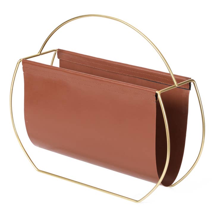 Quickway Imports - Wholesale Magazine Rack - Gold Metal and Brown Leather Freestanding Magazine Rack