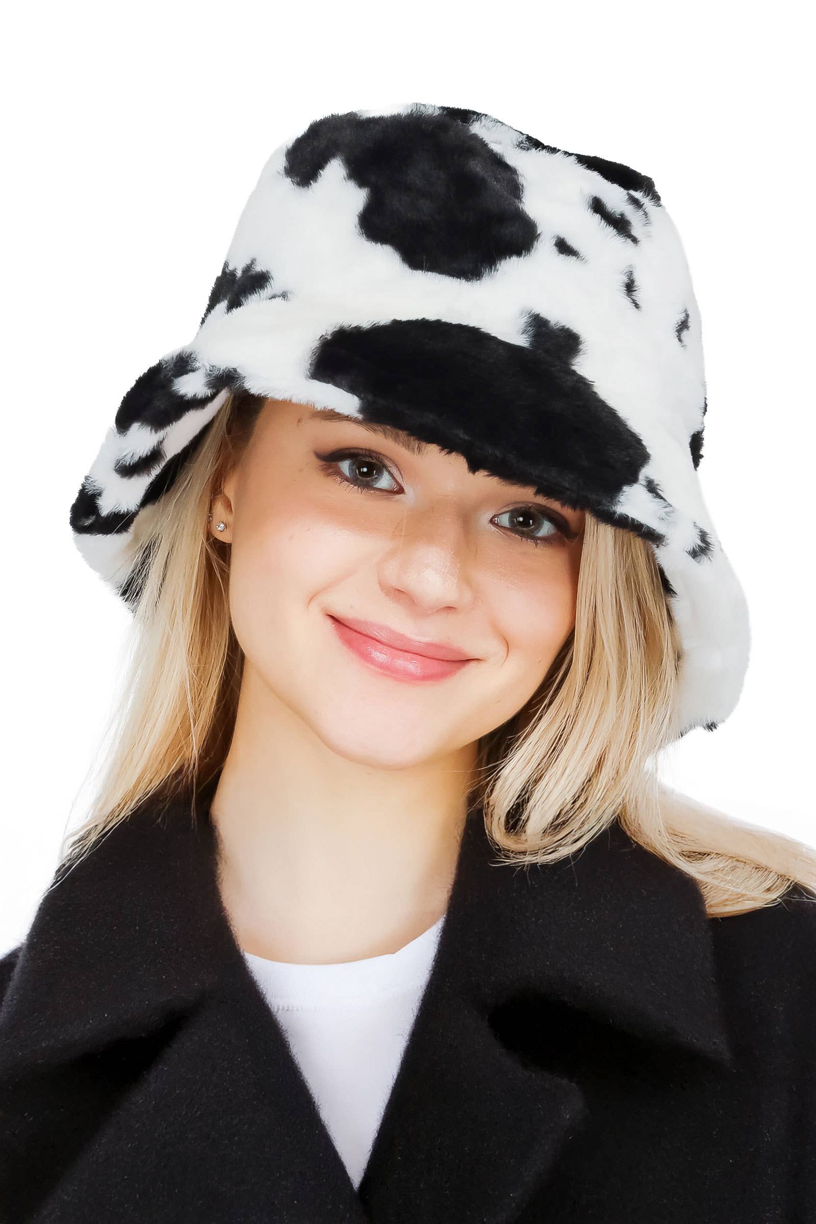 Cap Zone - Wholesale Bucket Hat - Women's - Cow Print Fluffy Faux Fur Bucket Hat1