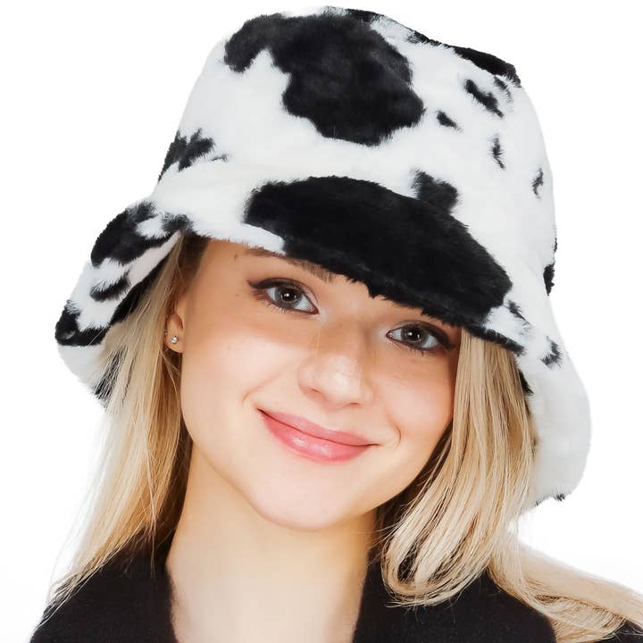 Cap Zone - Wholesale Bucket Hat - Women's - Cow Print Fluffy Faux Fur Bucket Hat1