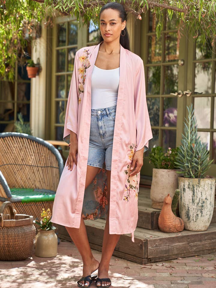 Embroidered Satin Print Reversible Duster 6030-MAK for wholesale by Paparazzi