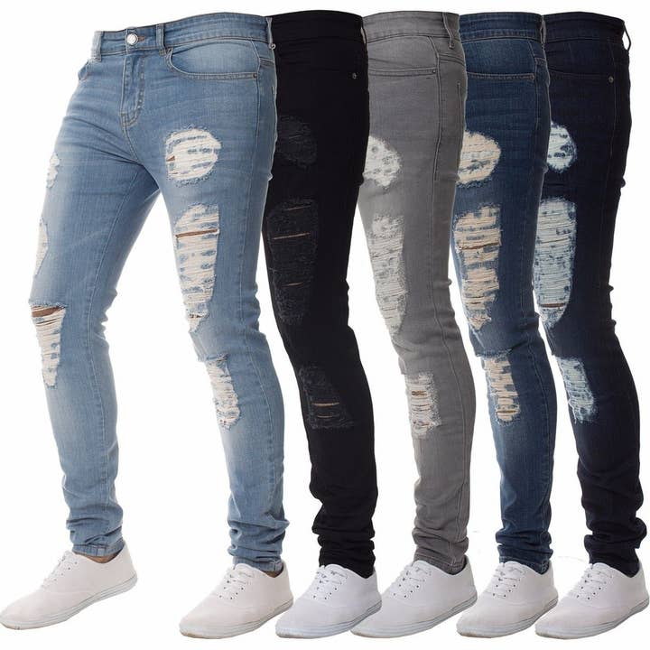Men Casual Basic Ripped Slim Fit High-Waisted Jeans for wholesale by SALINA TRADING INC