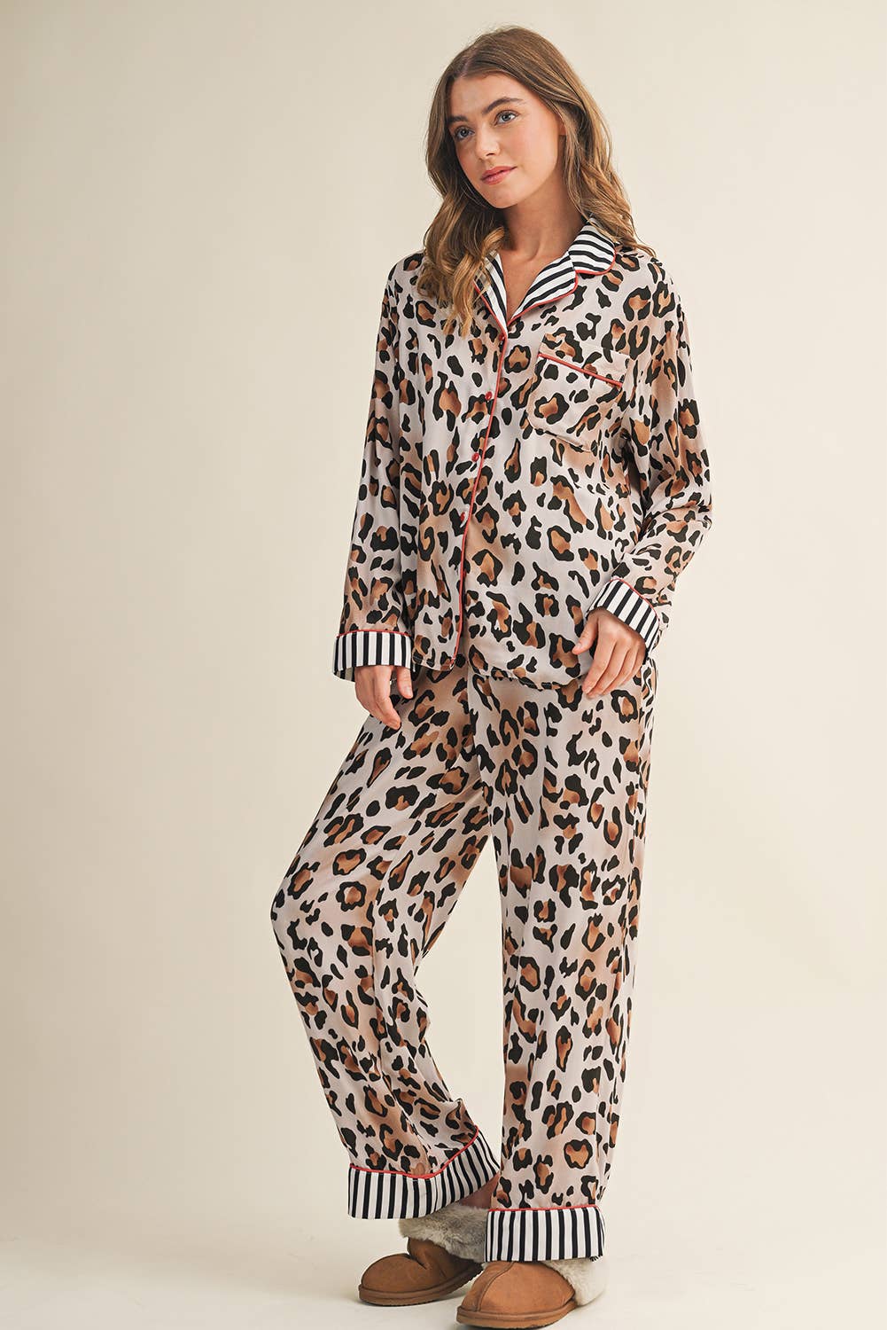 As shown Bold Leopard Striped Shirt & Pants Pajama Set | S-4X for wholesale on Faire1