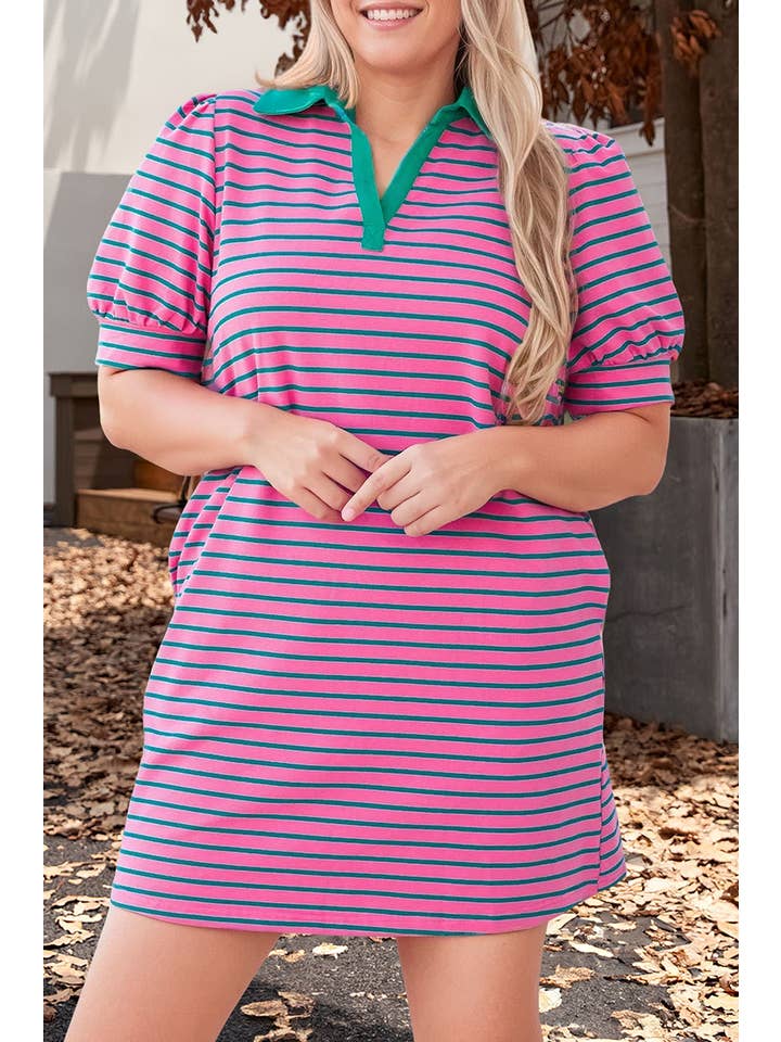 Pink Plus Size Stripe V Neck Puff Sleeve Collared Shirt Dress for wholesale on Faire