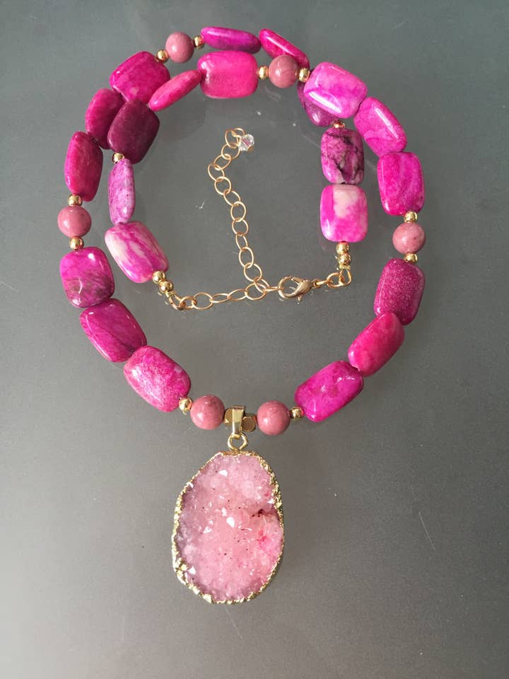 Layla Necklace - Pink Agate Druzy Pendant for wholesale by Made by Megan Jewelry